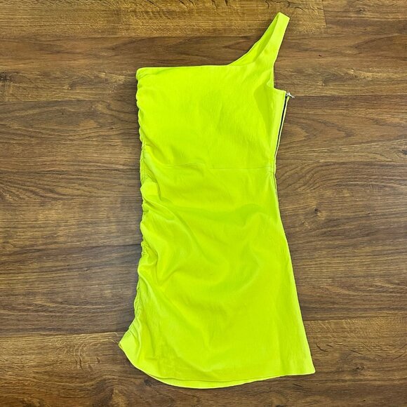 SPRWMN Los Angeles One Shoulder Ruched Neon Leather Mini Dress - Picture 4 of 8